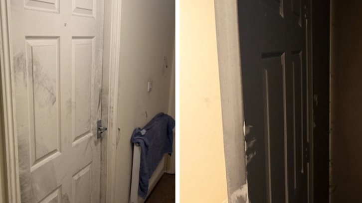 Two side-by-side pics of either side of a soot-covered, fire damaged door. 