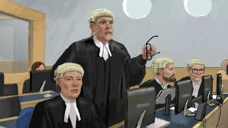 Sketch of four barristers sitting in a court room. On the left is woman with short dark hair tucked up beneath her wig, standing next to her is a man gesturing with a pair of glasses in his hand and to his right are two men, one has a beard and the other is wearing glasses.