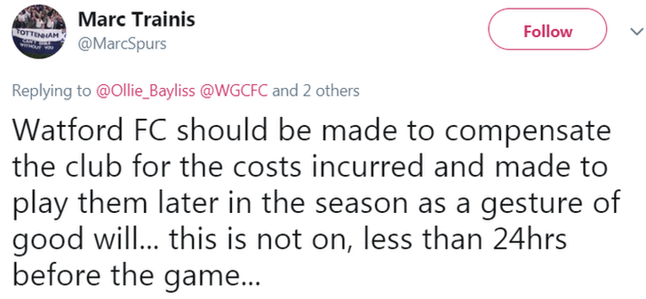 Picture of a tweet by Marc Trainis: "Watford FC should be made to compensate the club for the costs incurred and made to play them later in the season as a gesture of goodwill. This is not on less than 24 hours before the game."