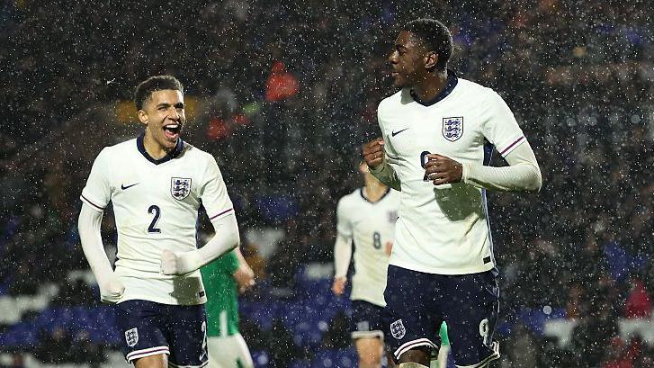 Divin Mubama celebrates scoring for England's U21s