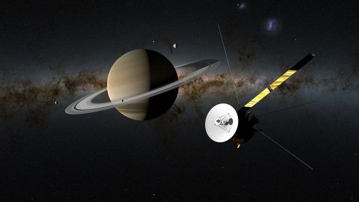 An illustration of Cassini spacecraft orbiting Saturn.