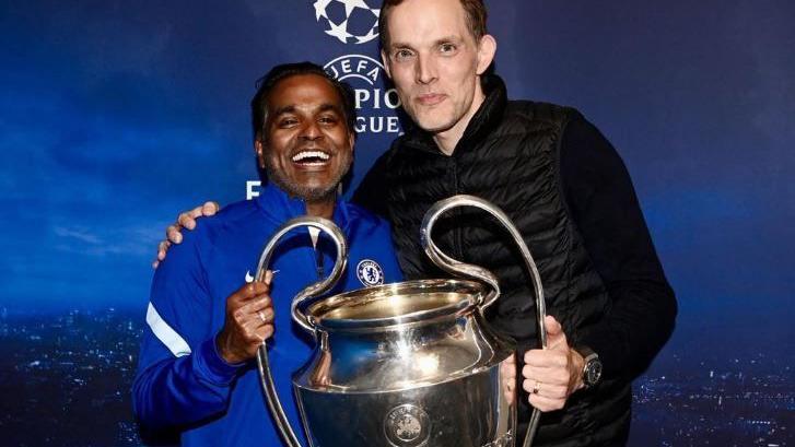 Vinay Menon and Thomas Tuchel with the Champions League trophy