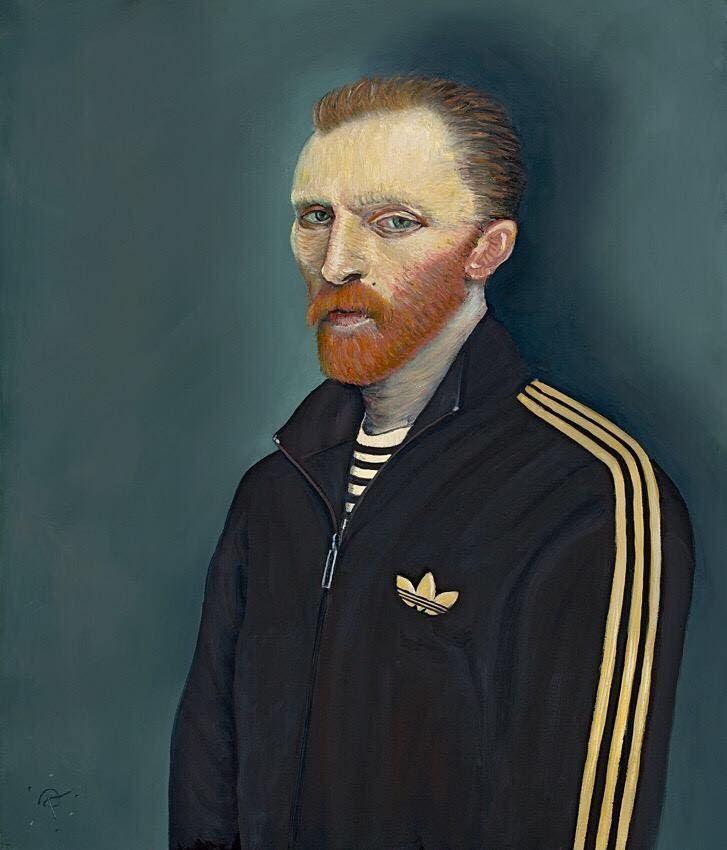 A parody of Vincent van Gogh's self-portrait. He is wearing a black and gold Adidas tracksuit and has a beard and moustache.
