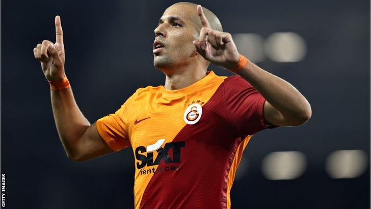 Algeria's Sofiane Feghouli celebrates a goal for his Turkish club Galatasaray