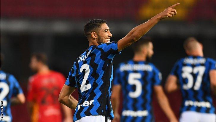 Achraf Hakimi celebrates scoring for Inter Milan