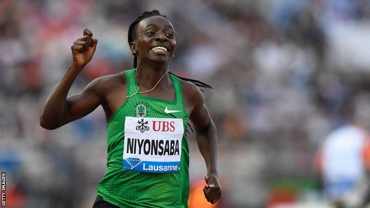 Burundi's Francine Niyonsaba celebrates winning a race in 2018