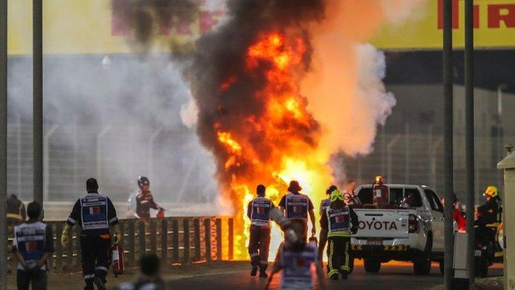 Romain Grosjean's car on fire