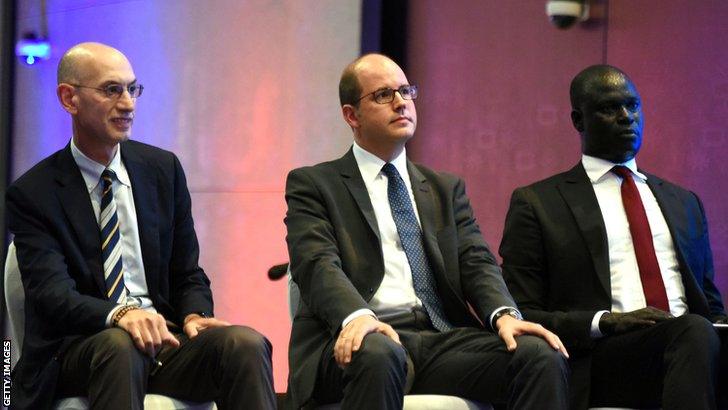 NBA Commissioner Adam Silver (left), Secretary General of Fiba Andreas Zagklis (centre) and the President of the Basketball Africa League Amadou Gallo Fall attend the announcement of the The NBA-backed Basketball Africa League (BAL) in 2019