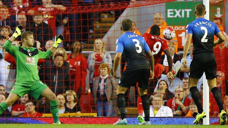 Christian Benteke scores for Liverpool against Bournemouth