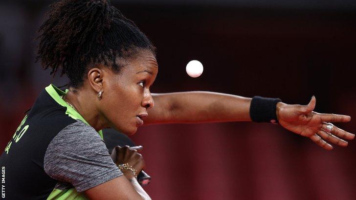 Nigerian table tennis player Funke Oshonaike competing at the Tokyo Olympics