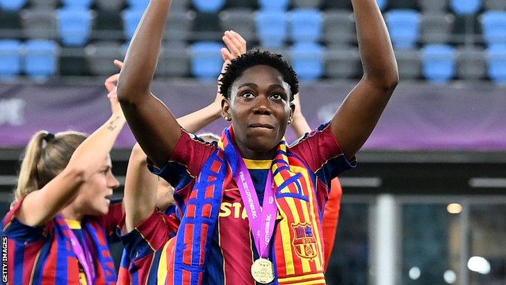 Asisat Oshoala celebrates Barcelona winning the European Women's Champions League