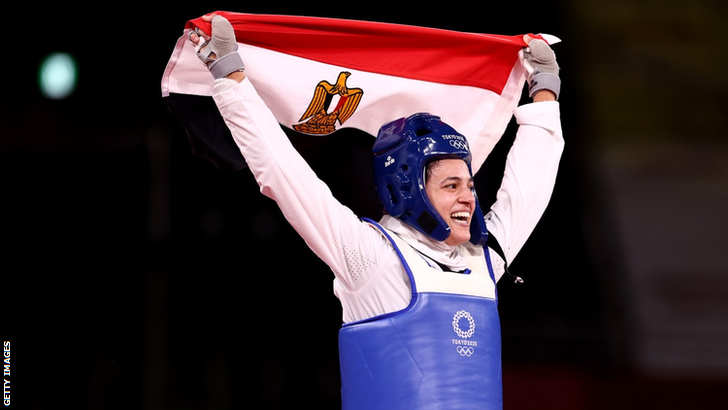 Egypt's Hedaya Wahba celebrates winning Olympic bronze in taekwondo