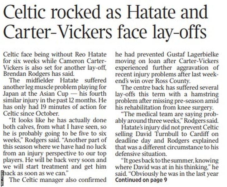 A portion of the main sports page of the Scottish edition of The Times on 030224