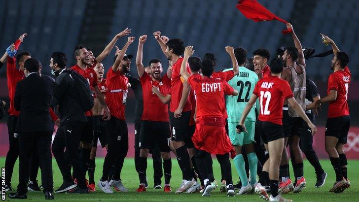 Egypt men's Olympic football team celebrate their win over Australia that saw them qualify for the quarter-finals