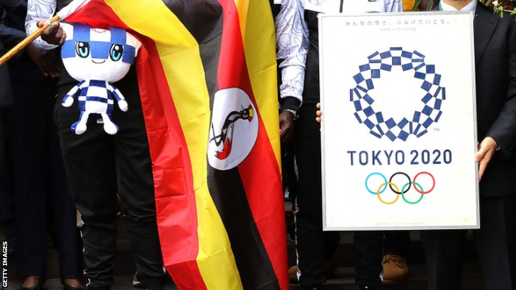 The Ugandan flag alongside the Tokyo 2020 Olympics logo