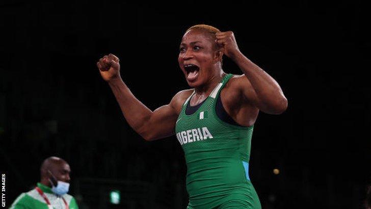 Nigeria's Blessing Oborududu celebrates winning her semi-final in the women's freestyle