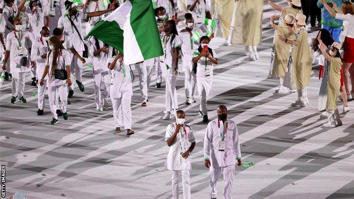 The Nigerian team at the opening ceremony of the Tokyo Olympics