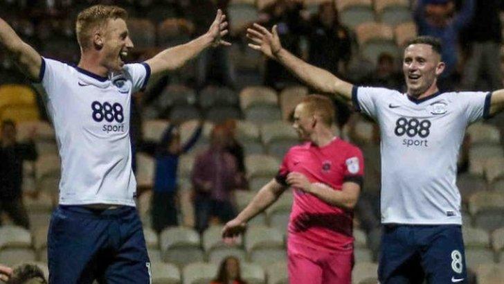 Preston celebrate their late winner over Hartlepool