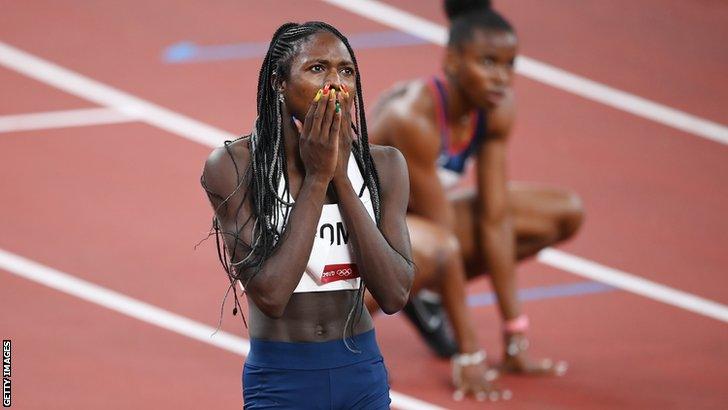 Namibia's Christine Mboma reacts to breaking the under-20 200 metres world record for the second time on day 10 at the Tokyo Olympics