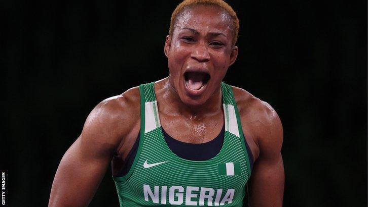 Nigerian wrestler Blessing Oborududu reacts to the reaching the final at the Tokyo Olympics