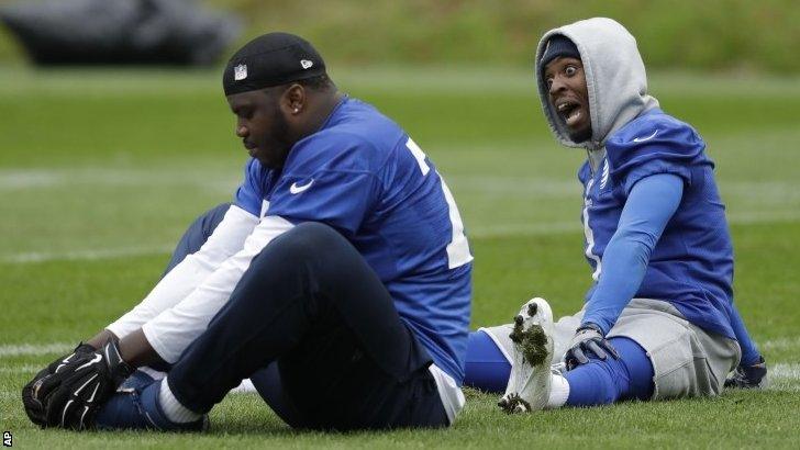 Tavon Austin (right) feels the cold as the LA Rams train in London ahead of their game against the New York Giants at Twickenham on Sunday