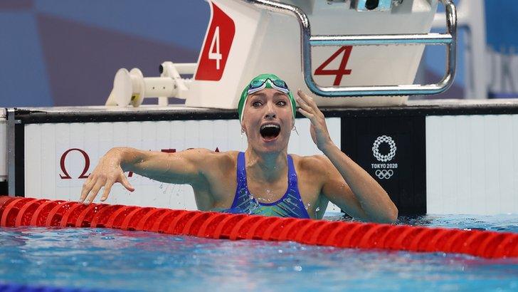 South Africa's Tatjana Schoenmaker reacts to setting a world record for the women's 200m breaststroke on her way to Olympic gold in Tokyo