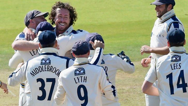 Yorkshire players celebrate a Ryan Sidebottom wicket