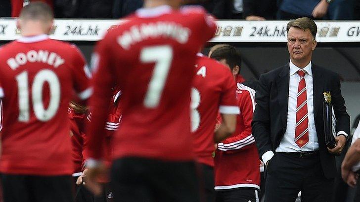 Louis van Gaal watches his Manchester United players after the defeat by Swansea