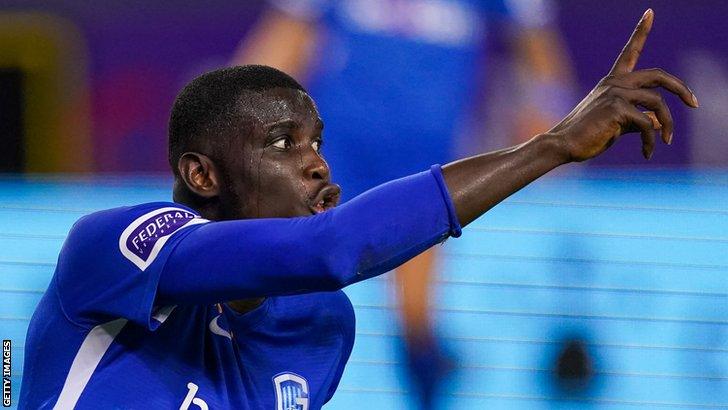 Nigeria striker Paul Onuachu celebrates a goal for Belgian club KRC Genk