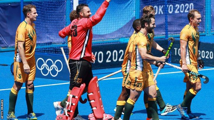 South Africa men's hockey team celebrate beating Germany at the Tokyo Olympics