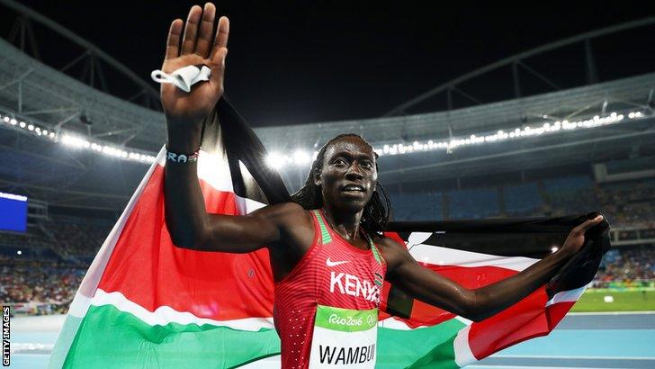 Kenya's Margaret Wambui celebrates her bronze medal at the 2016 Rio Olympics