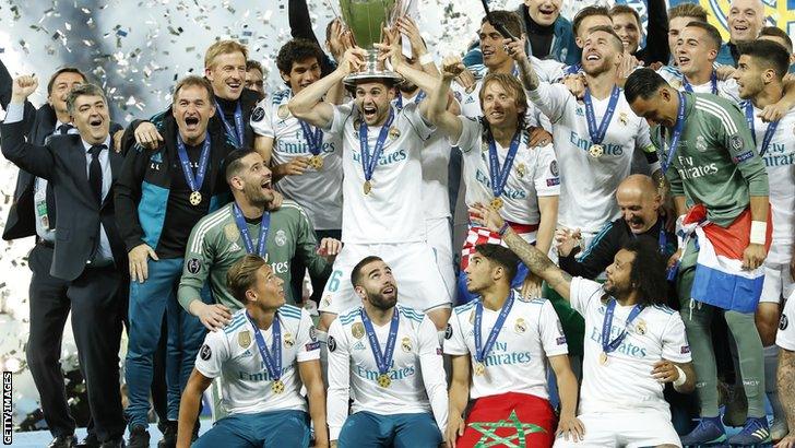 Achraf Hakimi with his Real Madrid team-mate as they celebrate winning the 2018 European Champions League