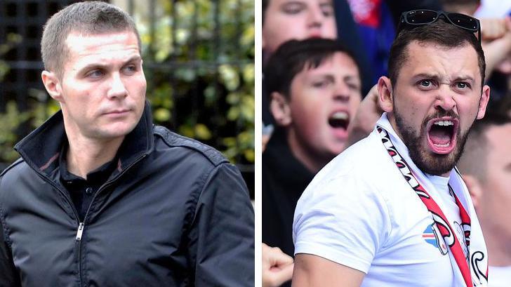 Composite image of two men. Steven Lyons has cropped brown hair and is wearing a black jacket with the collar turned up. He is looking off to the left with a serious expression on his face. Ross McGill, who is wearing a tight white t-shirt and a red scarf, roars at a football match with a crowd in the background 