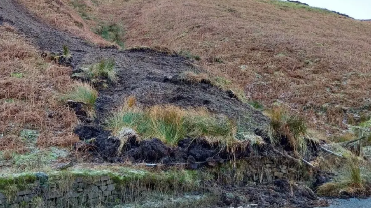 The landslip spilling onto the road at Kex Gill, on the A59 between Harrogate and Skipton.