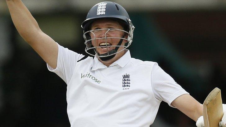 England's Gary Ballance celebrates his maiden Test century