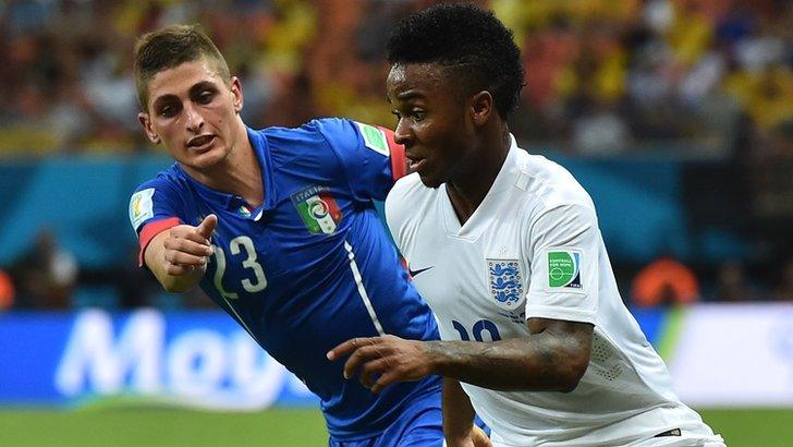 Raheem Sterling of England takes on Italy's Marco Verratti