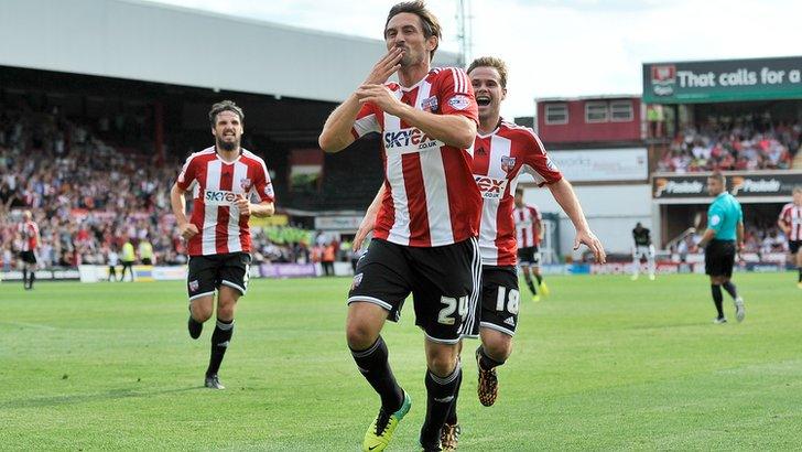 Tommy Smith celebrates equalising for Brentford against Charlton Athletic