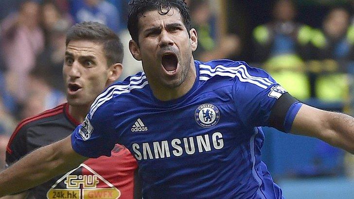 Diego Costa of Chelsea celebrates scoring against Swansea