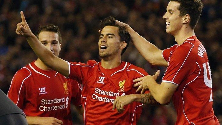 Suso, Jordan Williams and Javier Manquillo celebrate Liverpool's second goal against Middlesbrough