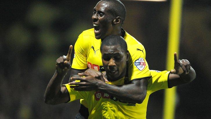 Watford's Odion Ighalo (front) celebrates with Lloyd Dyer after scoring against Brentford