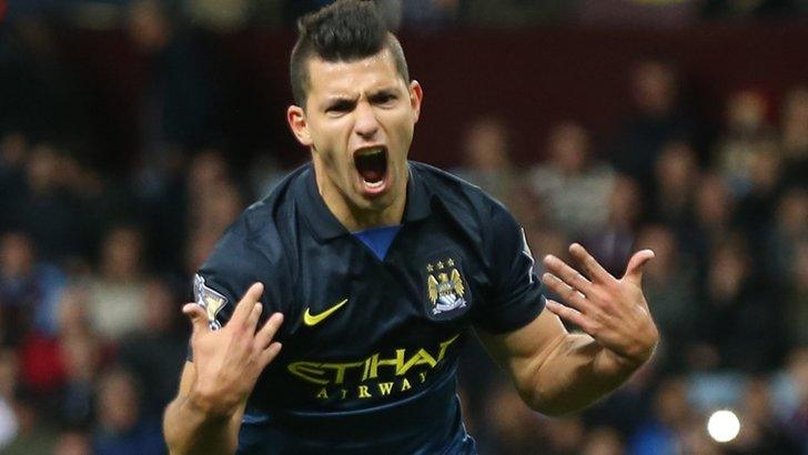 Manchester City forward Sergio Aguero celebrates after scoring against Aston Villa