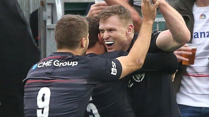 Chris Ashton celebrates the first of his two tries against Clermont Auvergne