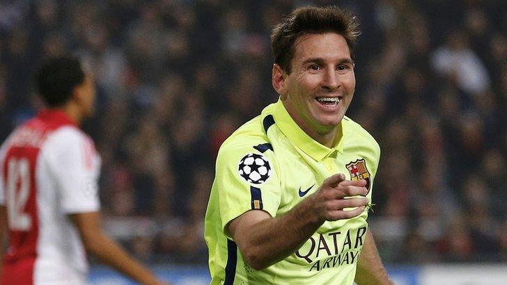 Barcelona forward Lionel Messi celebrates scoring against Ajax