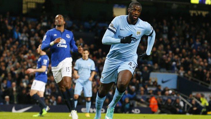 Yaya Toure celebrates scoring for Manchester City against Everton