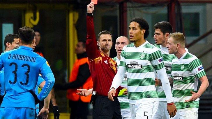 Virgil van Dijk is sent off by Slovakian referee Ivan Kruzliak