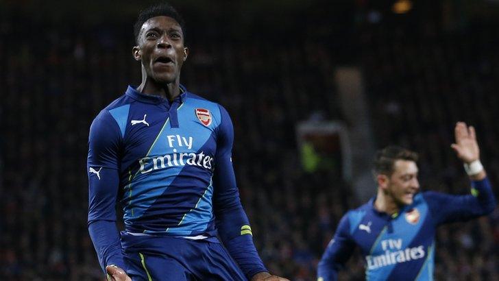 Arsenal striker Danny Welbeck celebrates scoring against his former club Manchester United