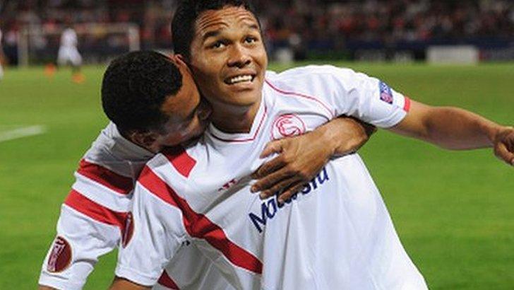 Sevilla's Carlos Bacca celebrates scoring against Zenit St Petersburg