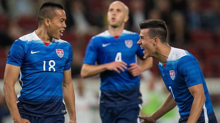 Bobby Wood and Alfredo Morales celebrate USA's winner against Germany