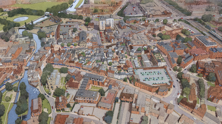 An artists impression of Newbury town centre showing an aerial view of the new development