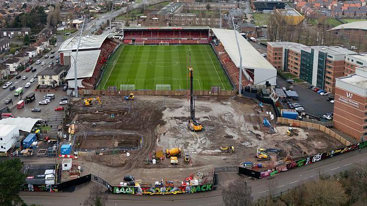An aerial shot of Wrexham's Stok Cae Ras stadium